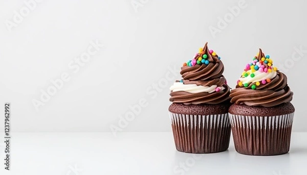 Obraz Two delicious chocolate cupcakes with colorful sprinkles on a clean white background