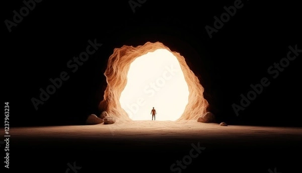 Obraz A solitary figure stands at the entrance of a cave, illuminated by bright light, symbolizing hope