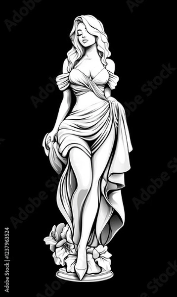 Fototapeta A woman statue with long hair and a dress. She is standing on a pedestal. The statue is black and white