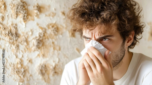Fototapeta Man sneezing due to mold allergies in damp environment