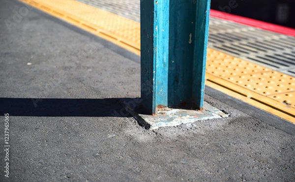 Obraz Close-up afternoon view of the base of a weathered blue support beam near the edge of a train station platform, with yellow and red safety lines visible on the side
