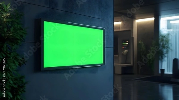 Fototapeta A blank green screen mounted on a wall in a modern indoor setting.