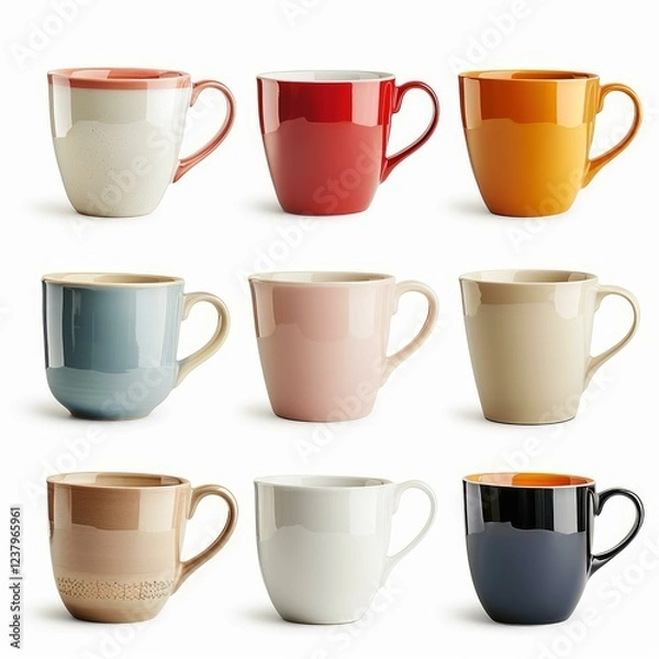 Fototapeta Nine colorful ceramic mugs isolated on white background, creating a varied collection for enjoying hot beverages