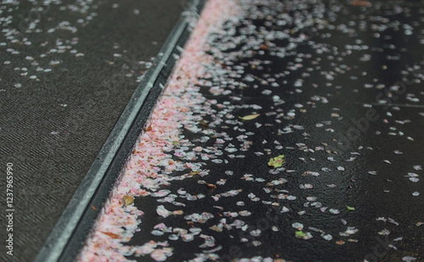 Obraz Selective focus on part of the street and sidewalk curb lined with wet fallen cherry blossom petals after a spring rain in Tokyo