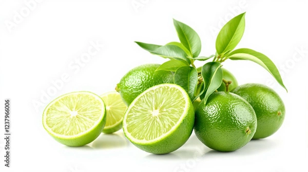 Obraz A cluster of lime fruits with leaves isolated on white background