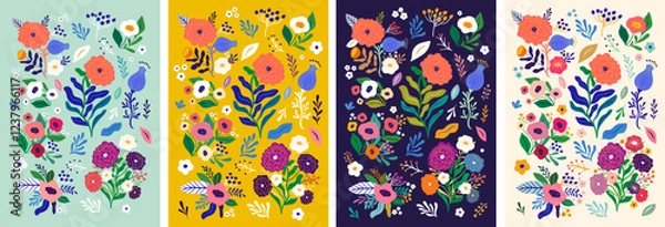 Fototapeta Beautiful flower collection of posters with roses, leaves, floral bouquets, flower compositions. Notebook covers	
