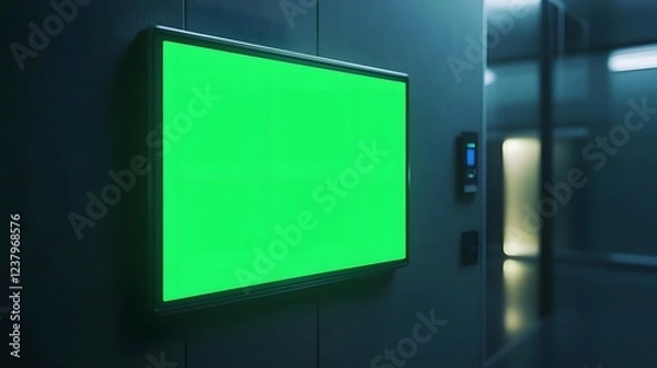 Fototapeta A blank green screen displayed on a wall in a modern hallway.
