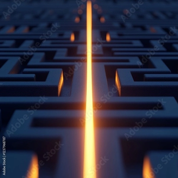 Fototapeta Focus precision motivation concept. A glowing path through a dark maze pattern.
