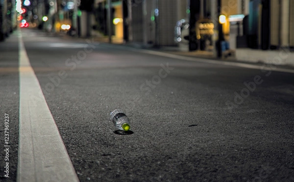 Obraz A single discarded plastic bottle lying on an empty street at night in a quiet area of Tokyo, Japan