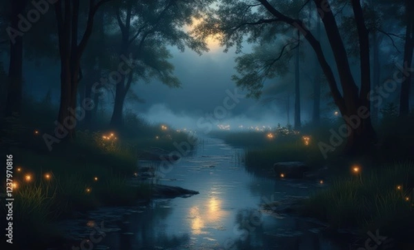 Fototapeta Serene twilight forest with glowing fireflies