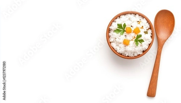 Obraz A bowl of fluffy white rice garnished with herbs and diced vegetables on a clean surface