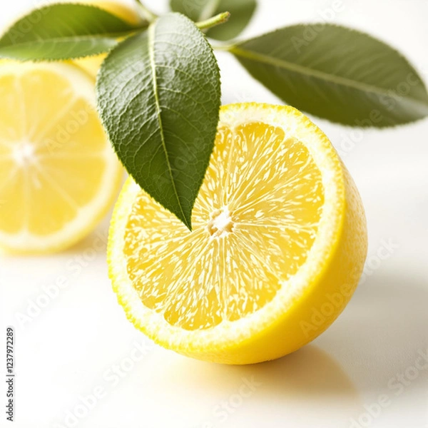 Obraz A slice of fresh half lemon fruit with leaves isolated on white background