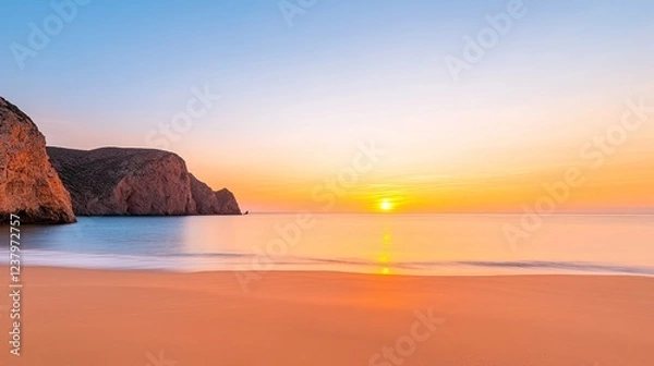Obraz Serene sunset over a tranquil beach with gentle waves and cliffs in the background (1)