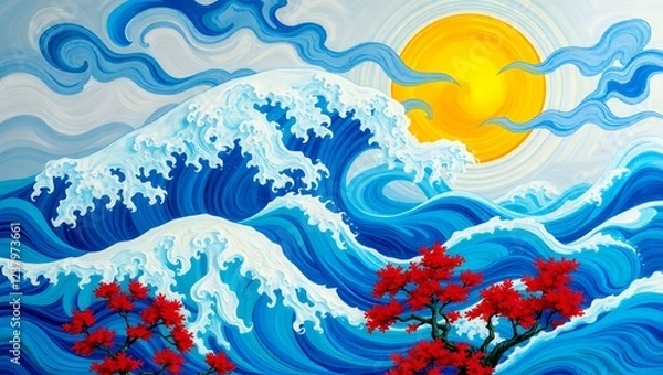Fototapeta Ocean Waves and Crimson Trees: A Vibrant Japanese-Style Painting