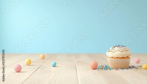 Obraz A beautifully decorated cupcake with colorful sprinkles on a wooden table against a light blue background