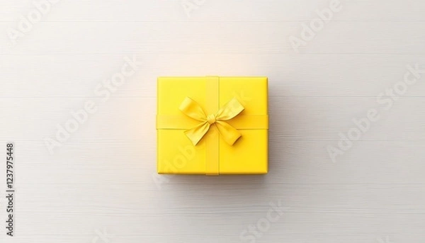 Obraz Bright yellow gift box with a ribbon on a light wooden surface, symbolizing celebration and joy