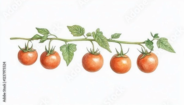 Obraz A vibrant illustration of ripe tomatoes on a vine against a clean white background