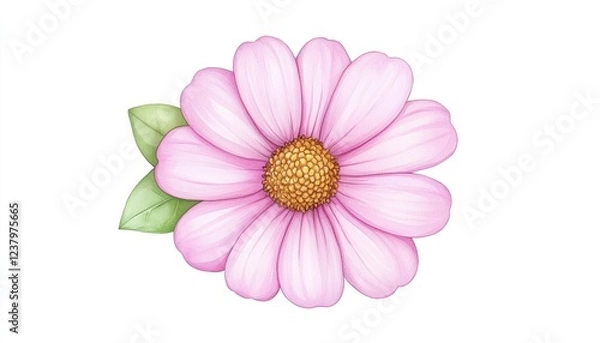Obraz A vibrant pink flower with green leaves against a clean white background, ideal for design use