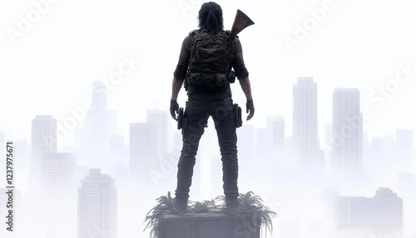 Obraz A solitary figure stands on a ledge overlooking a foggy urban landscape, evoking a sense of isolation