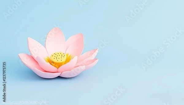 Obraz A delicate pink lotus flower with yellow center against a soft blue background, symbolizing tranquility