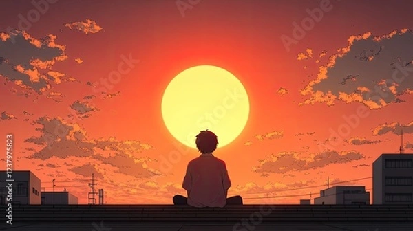 Obraz A serene sunset view over a cityscape with a person meditating in silhouette, reflecting tranquility