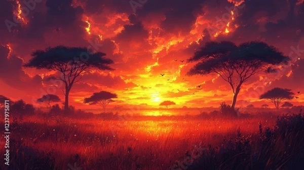 Obraz Vibrant sunset over a savannah landscape with silhouetted trees and colorful clouds