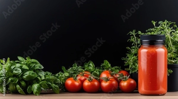 Fototapeta Homemade tomato sauce in a jar paired with fresh tomatoes and herbs creates a simple, elegant display on a wooden surface