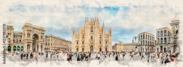 Fototapeta The Milan Cathedral or Duomo di Milano in Milan, Italy in watercolor illustration style