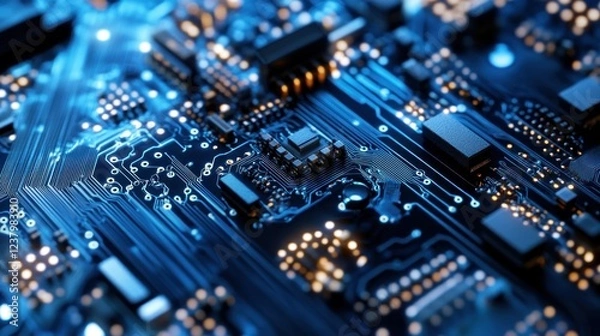 Fototapeta Close-up of a circuit board showcasing intricate electronic components and connections.