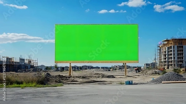 Fototapeta A blank green billboard stands in an undeveloped area with construction in the background.