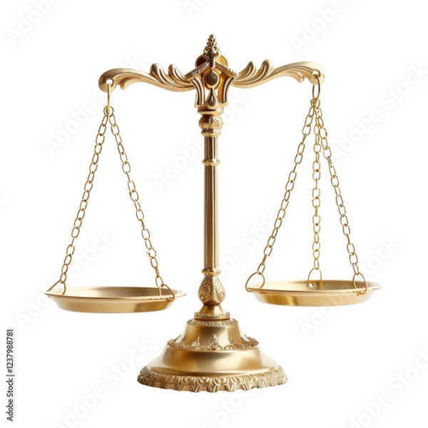 Fototapeta Elegant golden balance scales symbolize justice and fairness, featuring intricate details and sturdy base. Perfect for legal themes or discussions on equity