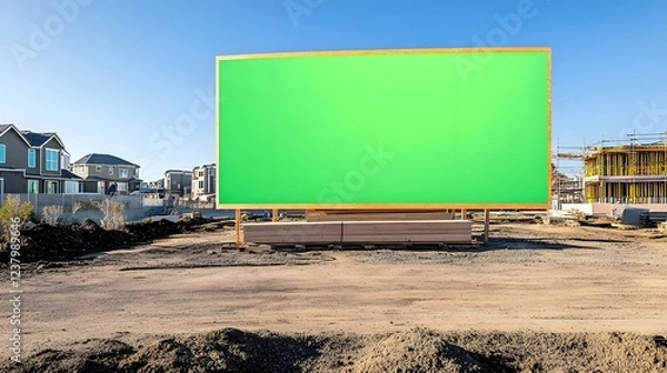 Fototapeta A blank green billboard stands in a construction area, ready for advertisement.