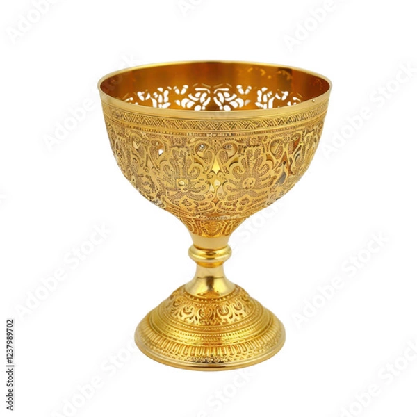 Fototapeta Elegant golden decorative bowl with intricate patterns and sturdy base, perfect for showcasing fruits or as centerpiece