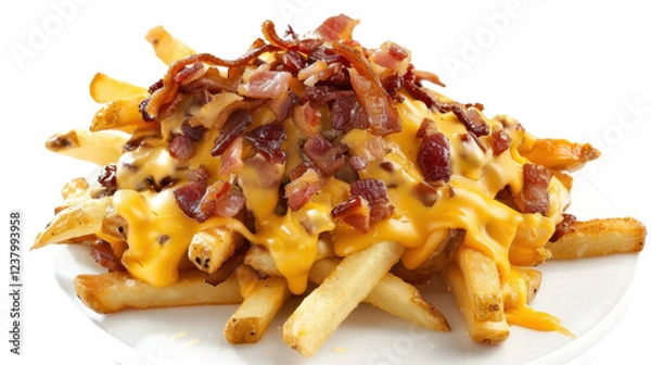 Fototapeta Delicious french fries topped with melted cheese and crispy bacon on transparent background