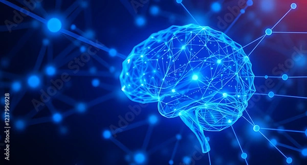 Fototapeta Abstract neural network visualization background. Glowing blue digital brain nodes