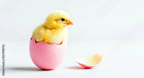 Fototapeta Adorable Yellow Chick Hatching from a Pink Egg Shell. Easter concept