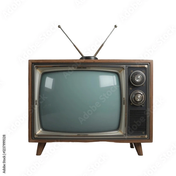 Fototapeta Vintage television set with a wooden frame, retro dials, and antenna, isolated on a white background. The blank screen and nostalgic design evoke mid-20th-century technology.