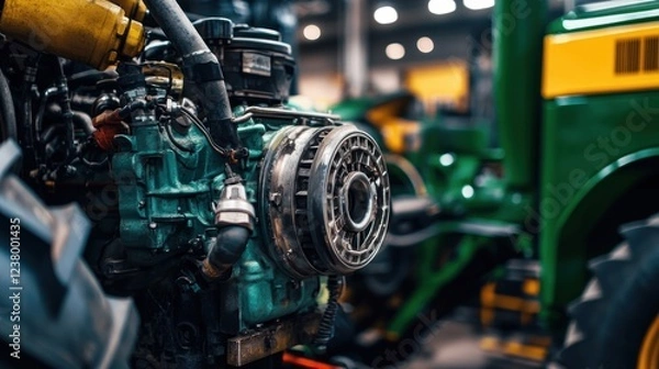 Fototapeta Close-up of a tractor engine, showcasing mechanical components and industrial design.