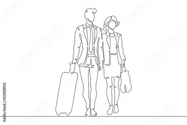 Fototapeta Continuous one line drawing passengers with luggage.Travelers with suitcases and bags.Family going on vacation.Tourism.Travel.One continuous line isolated minimal illustration.Not AI.