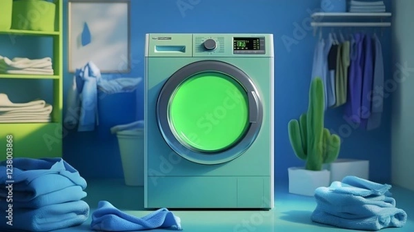 Fototapeta A modern washing machine in a colorful laundry room with neatly stacked towels.
