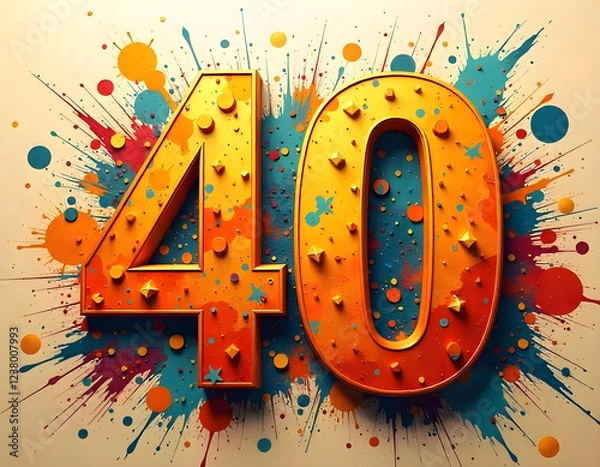 Fototapeta Vintage retro Number 40, forty, grunge 40th birthday, Number 40, Color splash, 40th anniversary, yellow gold red retro 40 celebration card illustration with gold, illustration of a birthday card,	