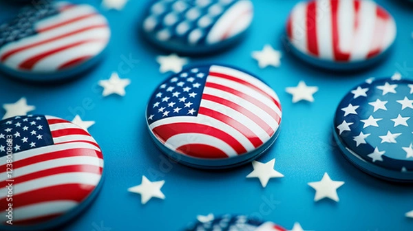 Fototapeta Set of round patriotic buttons for America showing different patterns incorporating the red and white stripes and white on blue stars of the American national flag or Stars and Stripes