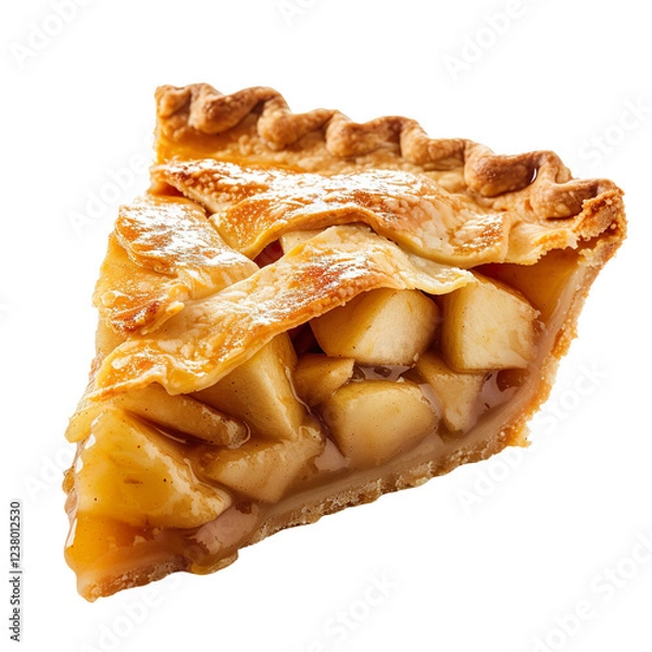 Fototapeta Apple pie piece on a plate, showcasing the flaky crust and apple filling, professional food photo, angle view composition; isolated on white background.