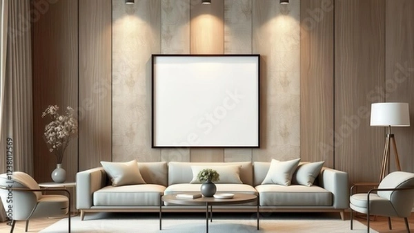 Fototapeta A mockup of a stylish living room wall art featuring a modern frame, aesthetic, living room, mockup