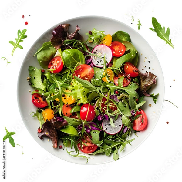 Fototapeta Fresh green salad in a bowl, showcasing various vegetables, captured in a professional food photo, top-down view; isolated on white background.