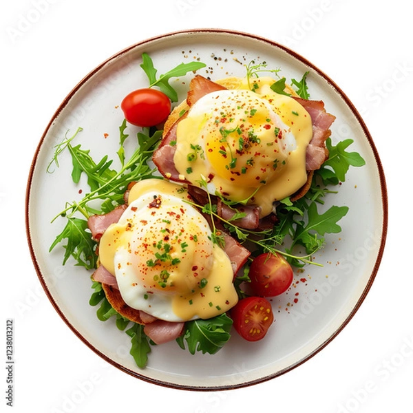 Fototapeta Poached eggs on toasted English muffin with ham and hollandaise sauce, professional food photo, top view composition; isolated on white background.