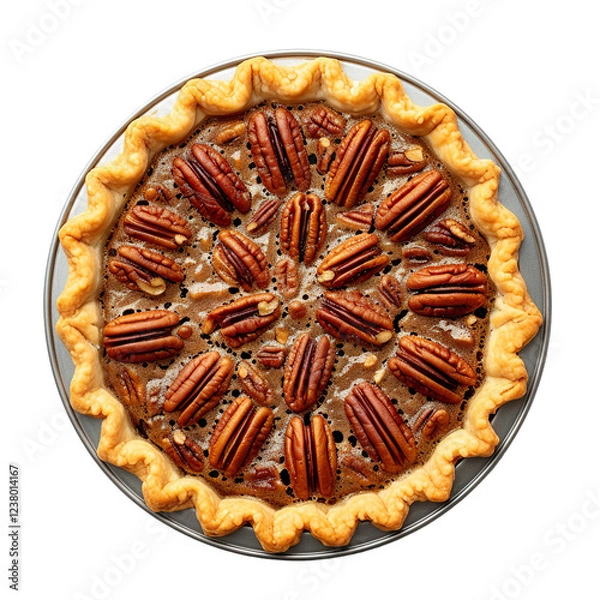 Fototapeta Pecan pie displayed on a plate, showcasing its rich texture and layered crust, professional food photo, top view composition; isolated on white background.