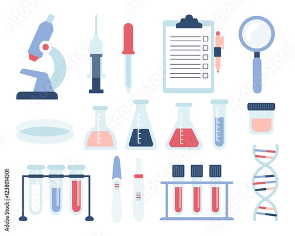 Fototapeta Medical test set of elements. Test tubes, microscope, flasks. DNA test.
