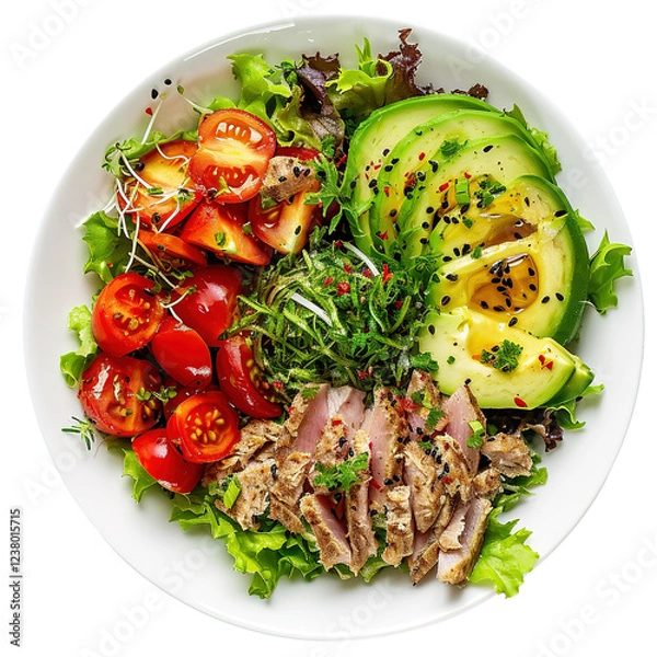 Fototapeta Avocado salad topped with fresh tuna, captured from a top view angle, professional restaurant style composition highlighting texture and color contrast.