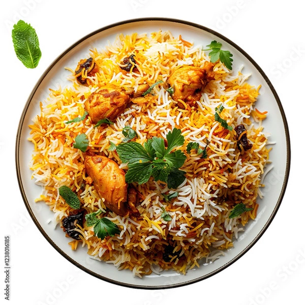 Fototapeta Biryani served on a plate viewed from above, featuring colorful rice, meat, and spices, professional food photo showcasing vibrant food elements, top view angle composition.
